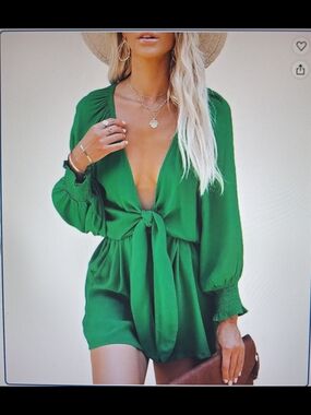 Green Tie-Front Long Sleeve Romper